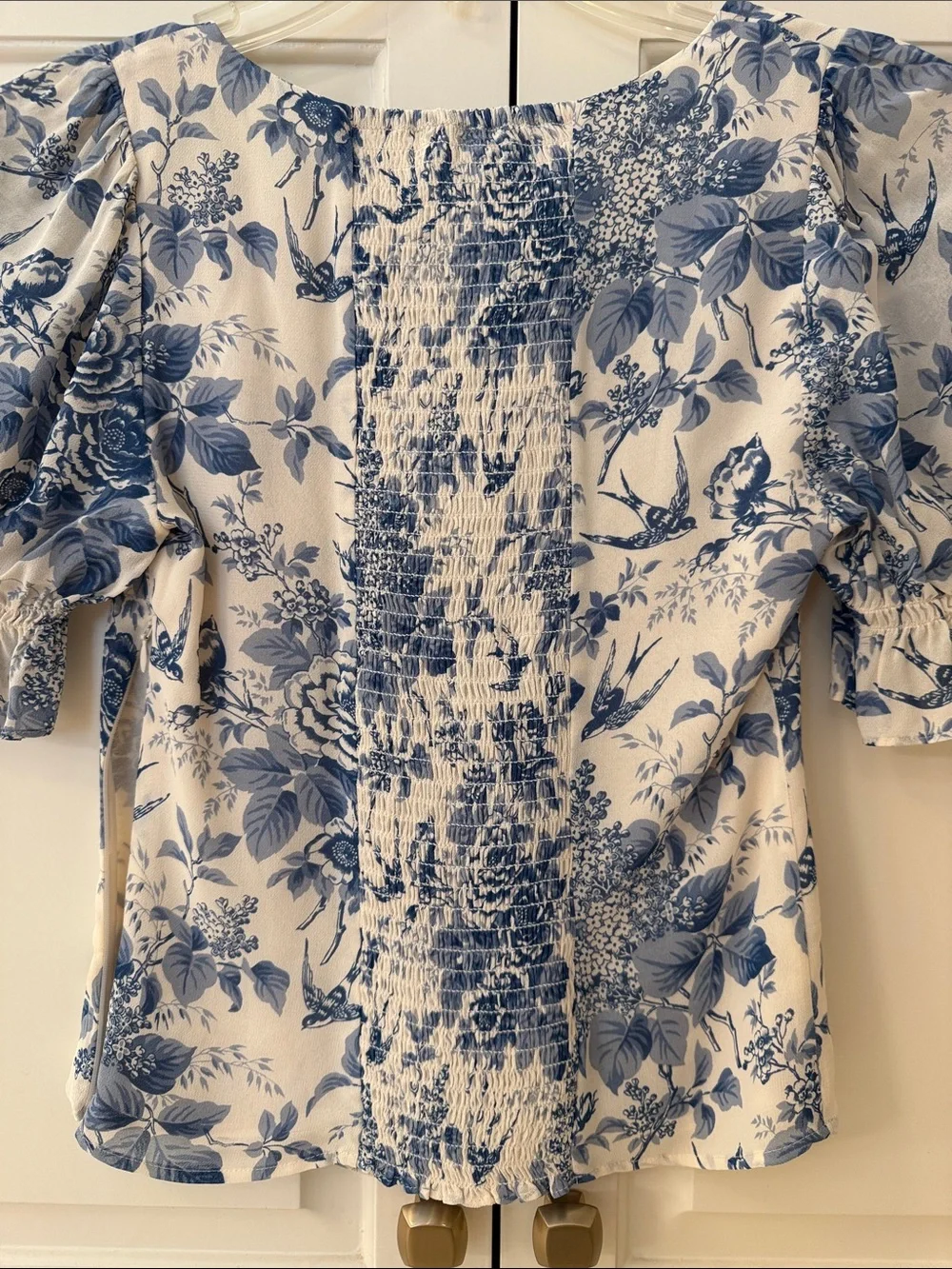 Reformation White and Blue Floral Puff-Sleeve Square-Neck Blouse